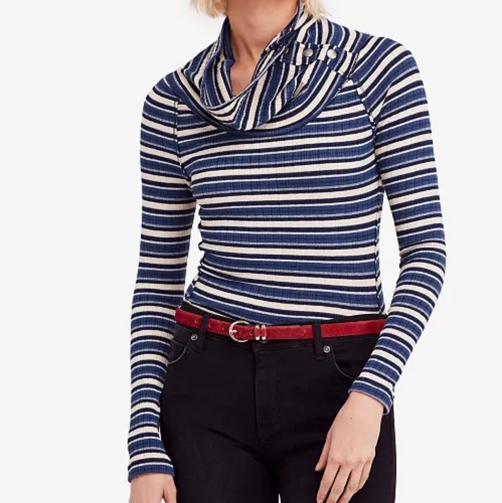 Free People Cape Cod Fitted Cowl-Neck Striped Thermal Top Size Large